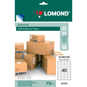 Бумага A4 Lomond Самоклеящаяся 40 этикеток (48 5х25 4) 70 г/м2 50л/п  матовая белая для лазерной и струйной печати (2100195)